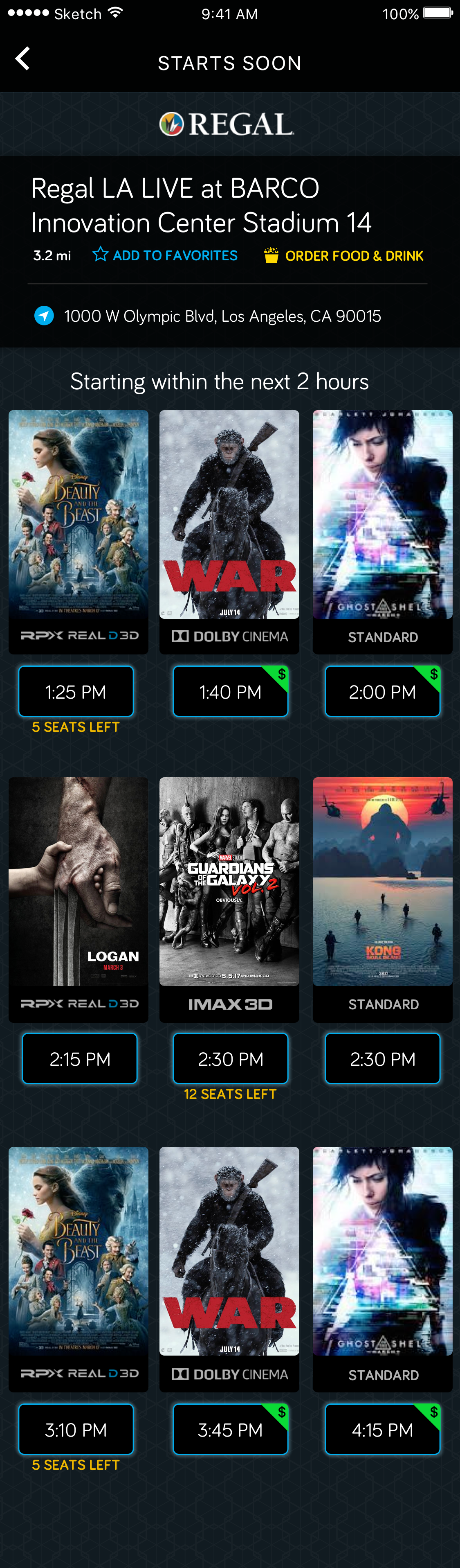 Redesigned theater showtimes screen