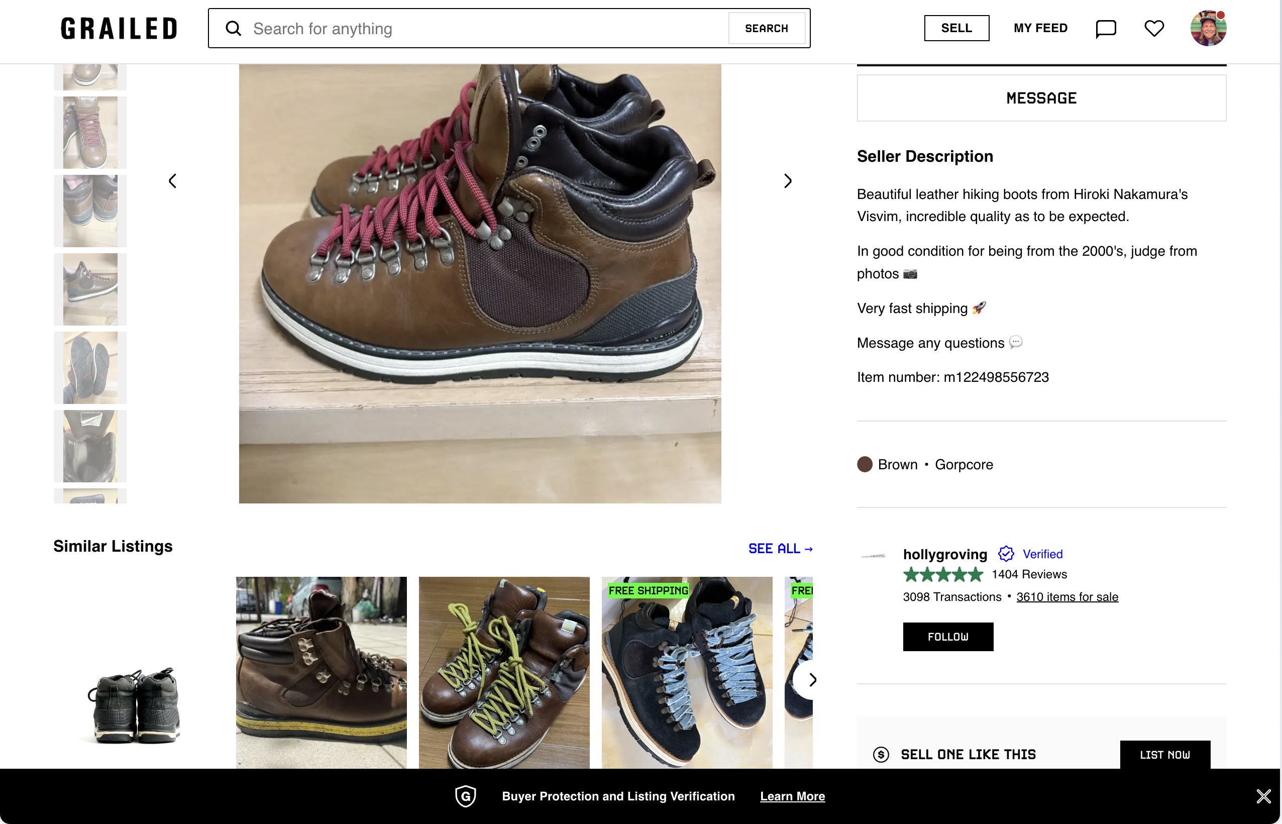 Grailed listing page — seller verification, reviews, and buyer protection trust signals