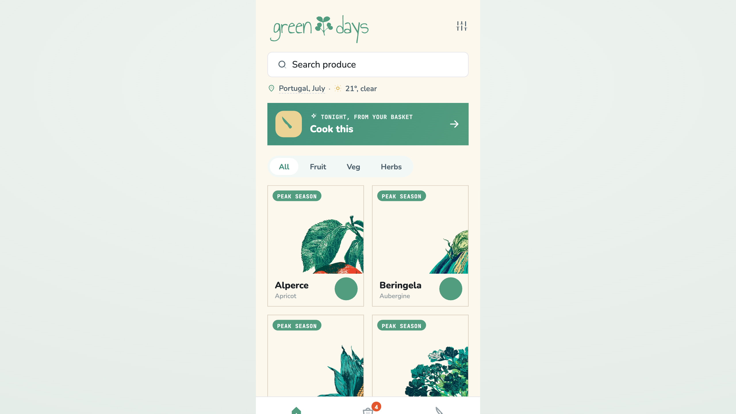 Green Days home screen — search, Portugal in July, and tonight's Cook This pick