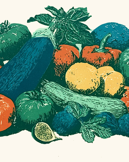 A cluster of the hand-pressed linocut illustrations, showing the range across the produce catalogue