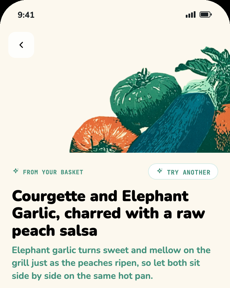 The live recipe result: Courgette and Elephant Garlic, charred with a raw peach salsa