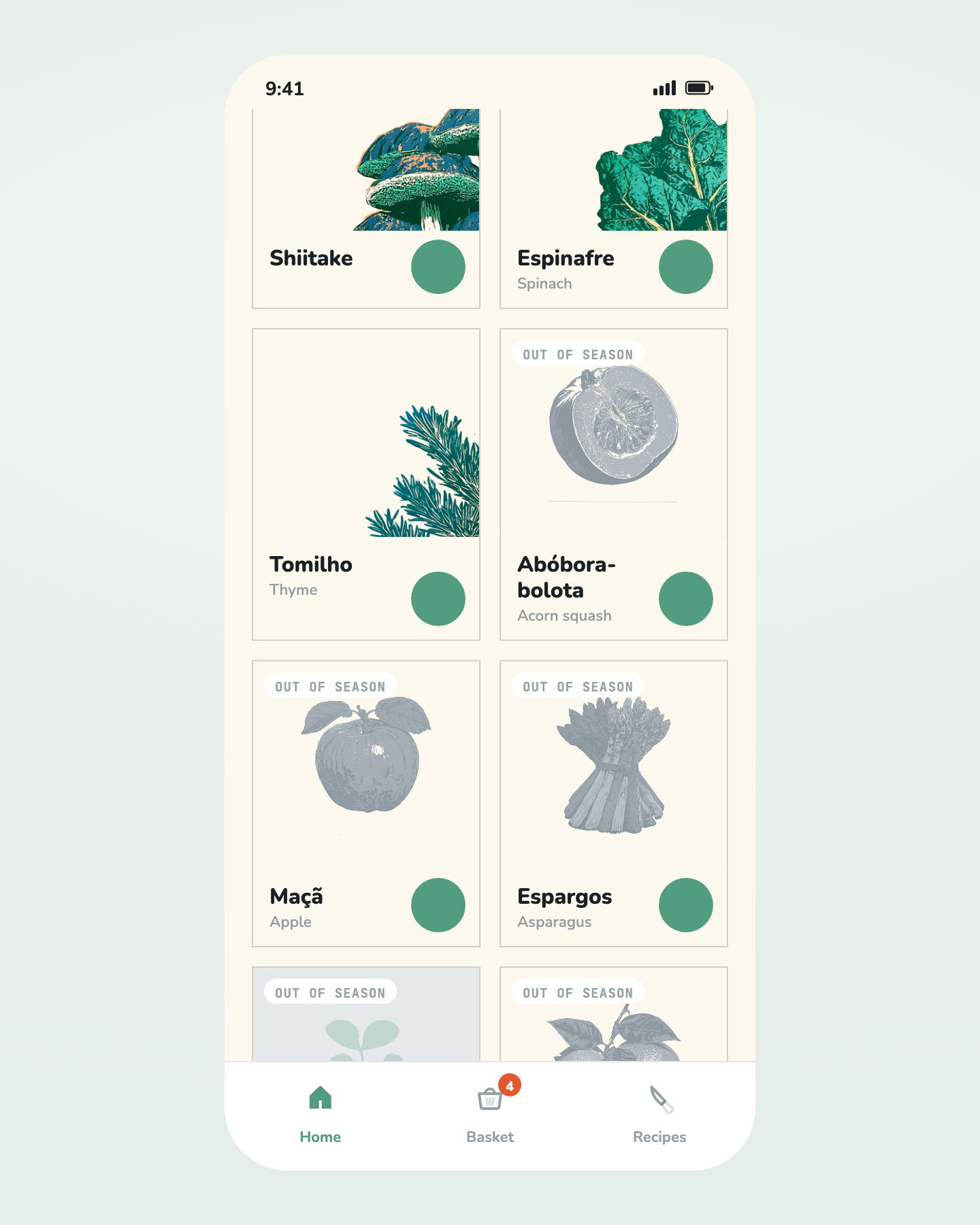 Peak-season produce shown in full color next to out-of-season items rendered faded and flagged