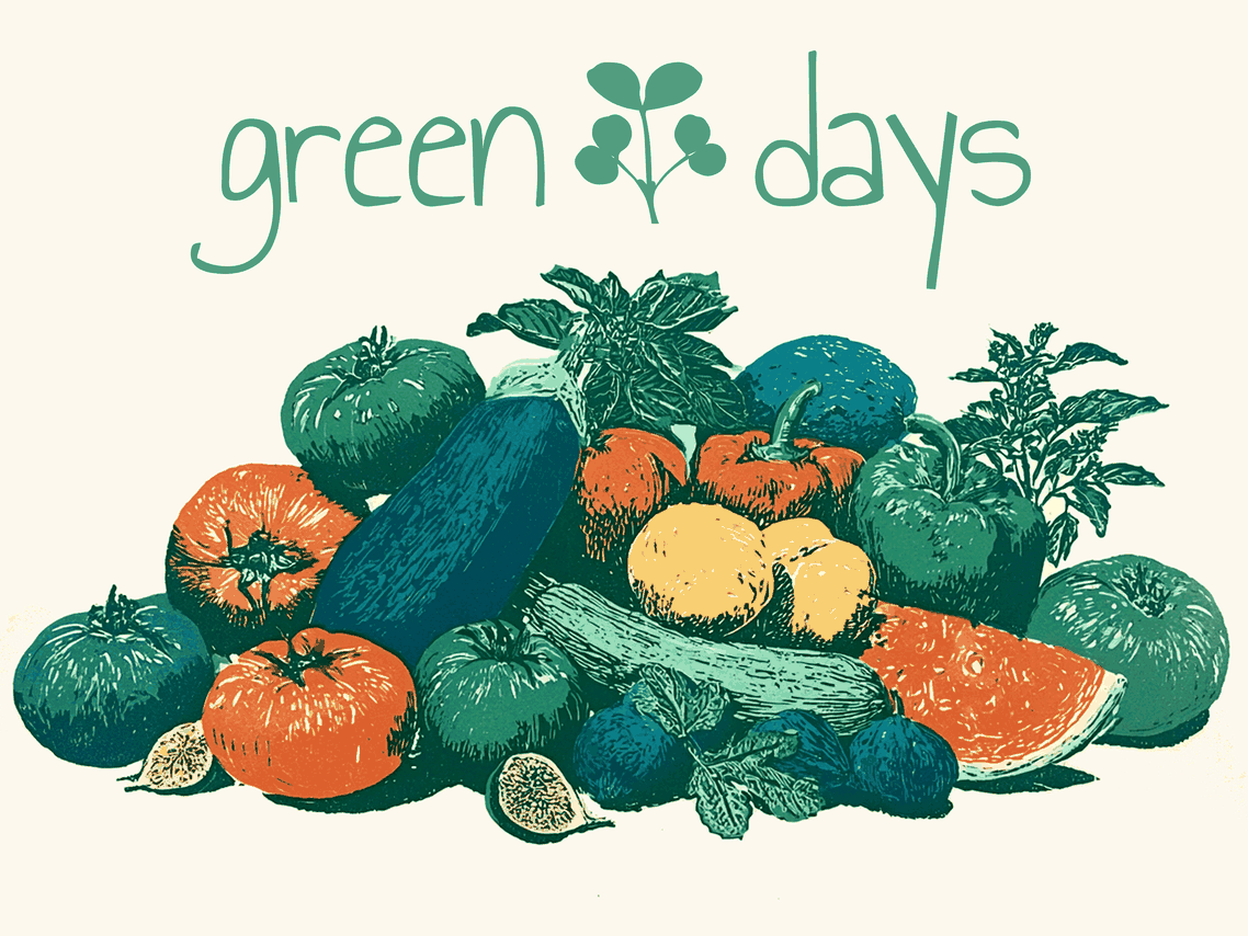 Green Days — wordmark over a hand-pressed linocut produce illustration